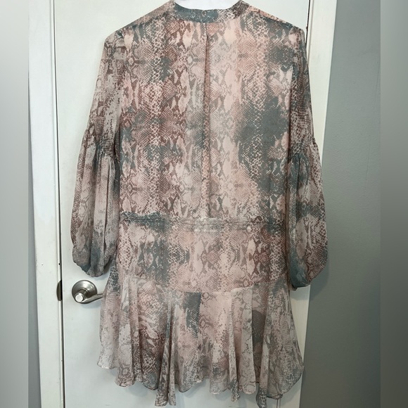 KARLIE Ray Floaty Chiffon Button Front Lantern Sleeved Snake Print Tunic Dress - Picture 6 of 7